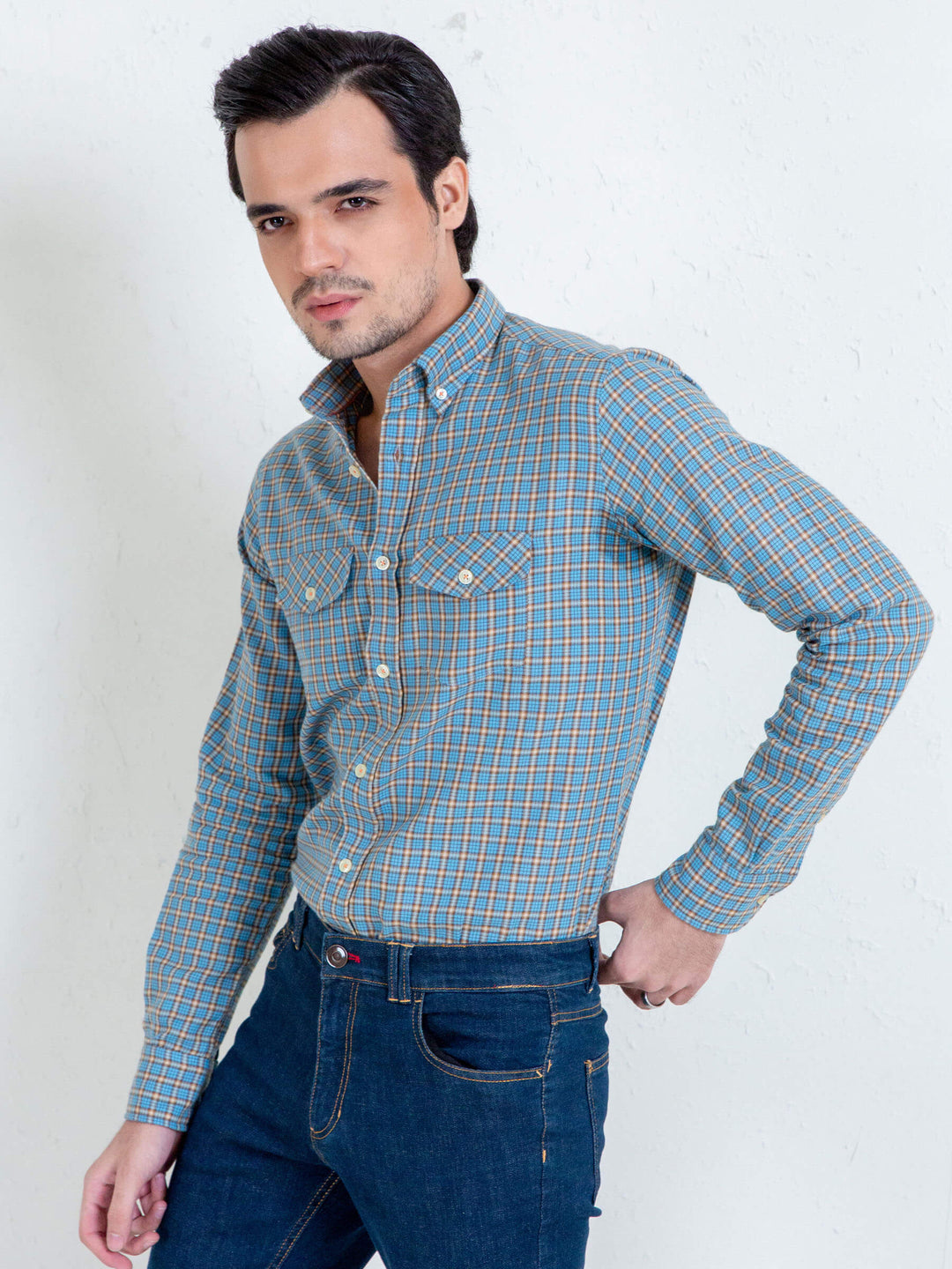 Turquoise Blue Flannel Gingham Checkered Shirt Brumano Pakistan