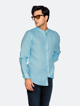 Turquoise Blue Linen Mao Collar Shirt Brumano Pakistan