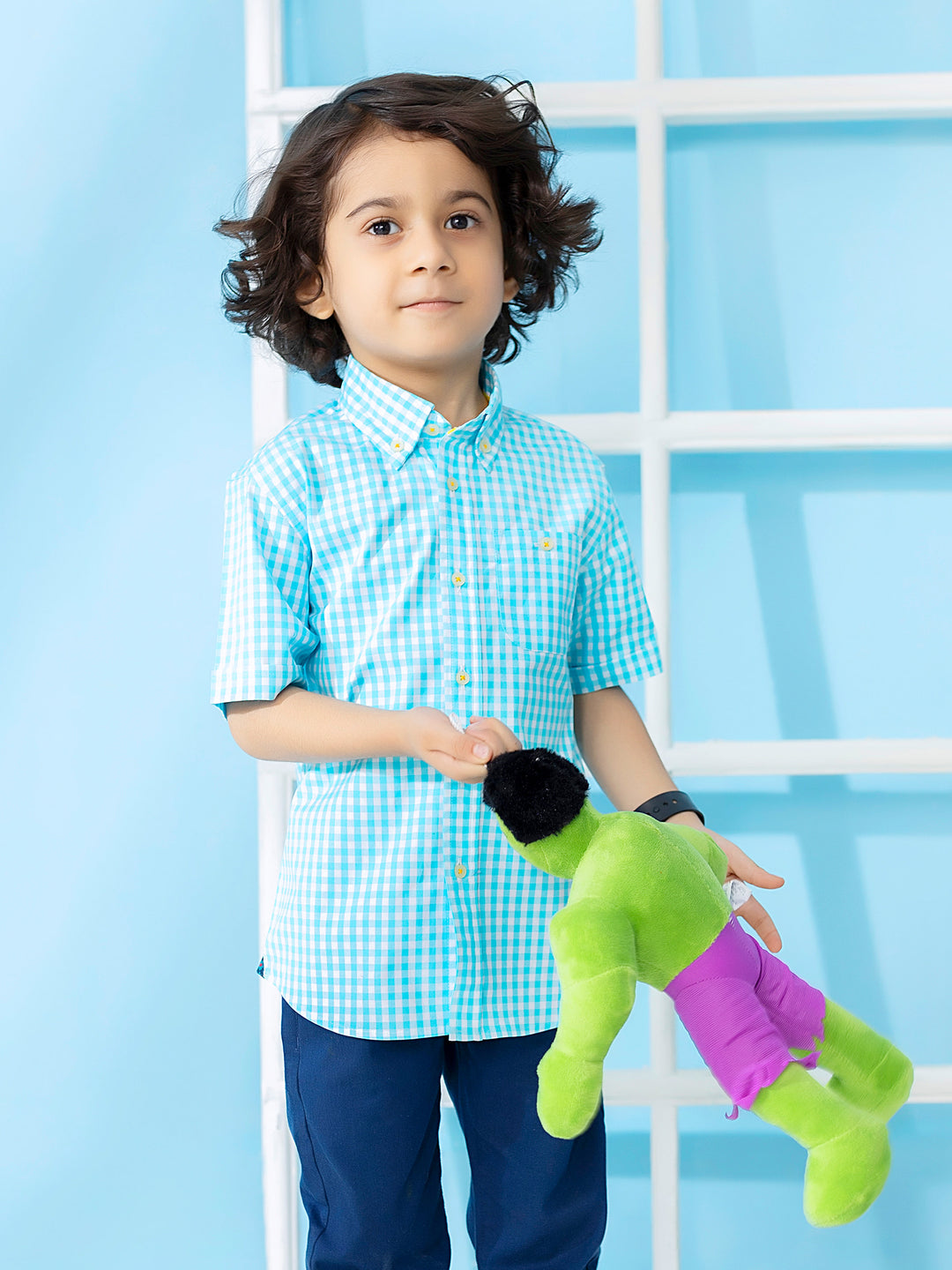 Turquoise Gingham Short Sleeve Casual Shirt Brumano Pakistan