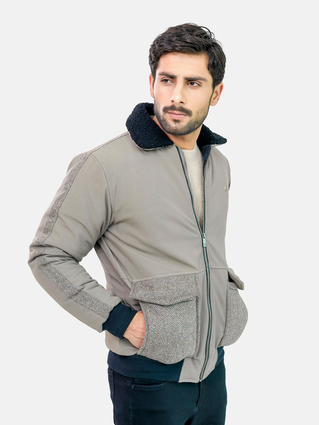 Vintage Khaki Sherpa Collar Aviator Jacket With Cashmere Pockets Brumano Pakistan