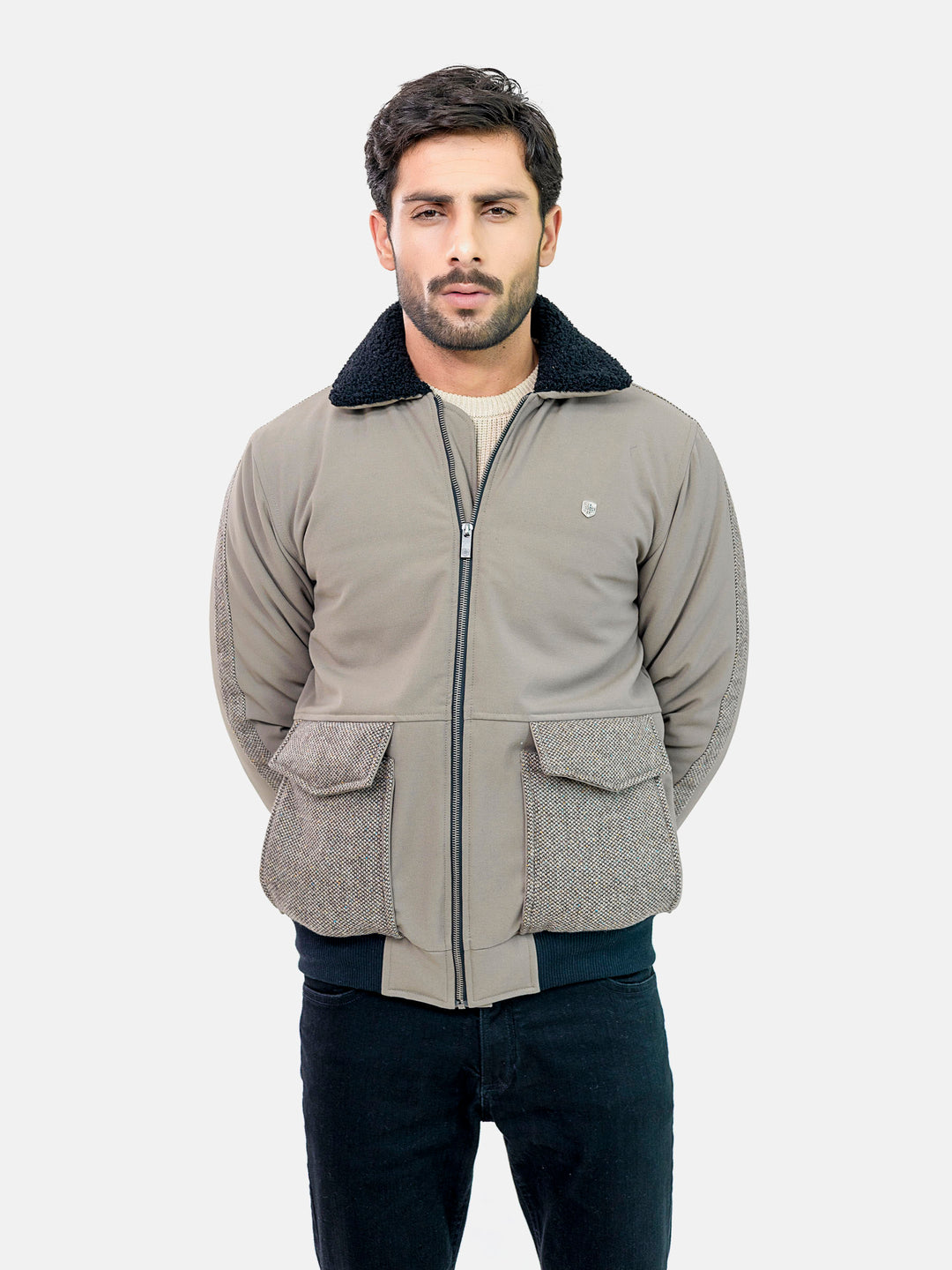 Vintage Khaki Sherpa Collar Aviator Jacket With Cashmere Pockets Brumano Pakistan