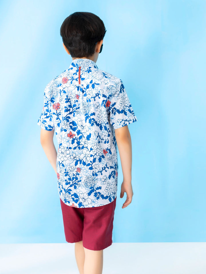 White & Blue Bold Floral Short Sleeve Casual Shirt Brumano Pakistan