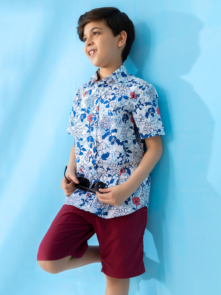 White & Blue Bold Floral Short Sleeve Casual Shirt Brumano Pakistan
