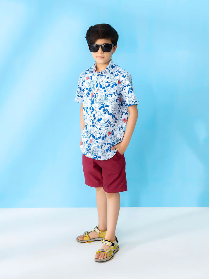 White & Blue Bold Floral Short Sleeve Casual Shirt Brumano Pakistan
