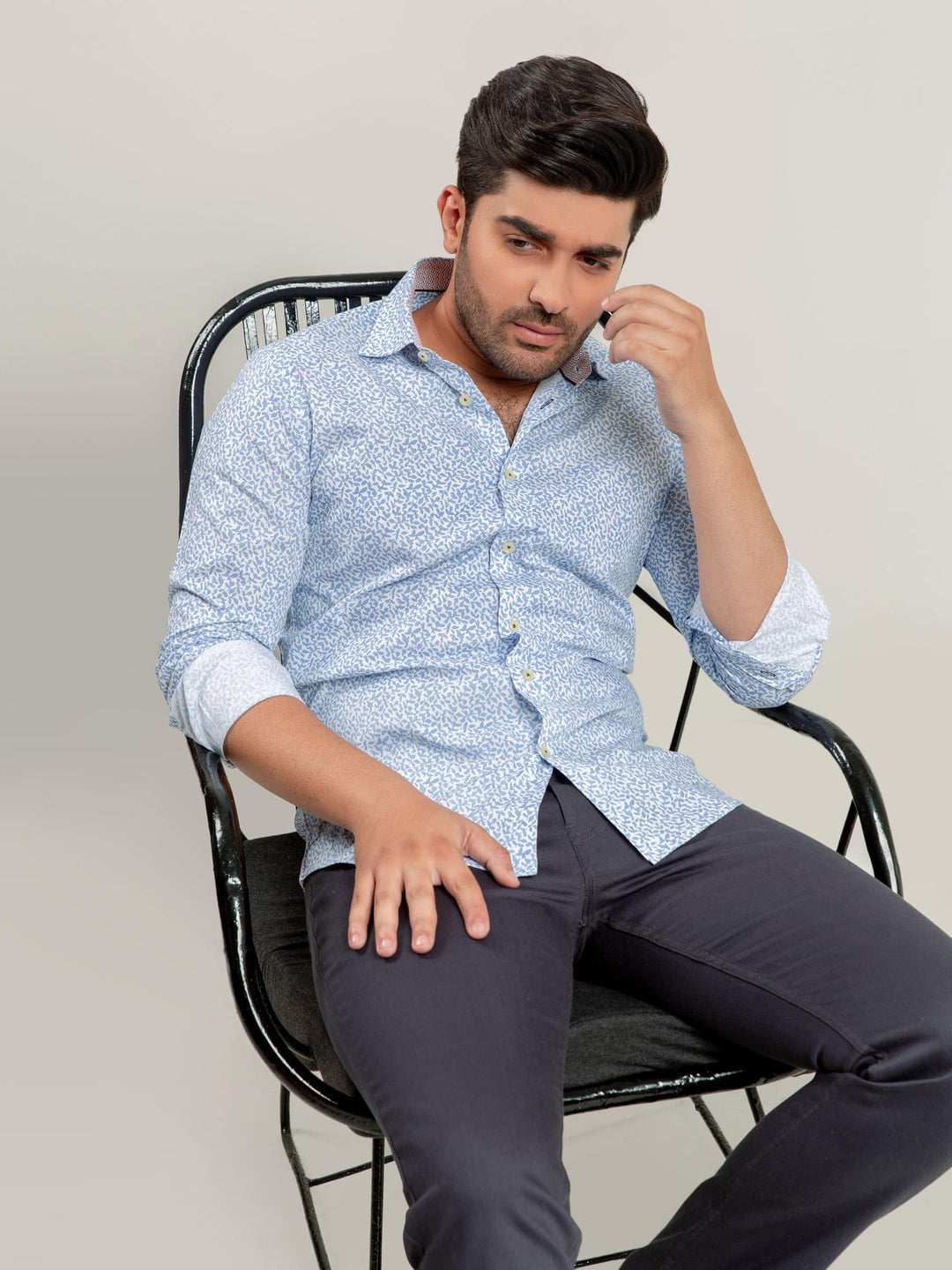 White & Blue Floral Printed Shirt With Inner Detailing Brumano Pakistan
