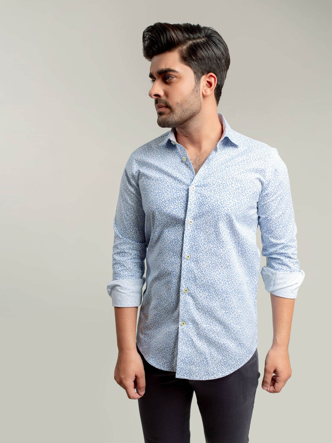 White & Blue Floral Printed Shirt With Inner Detailing Brumano Pakistan
