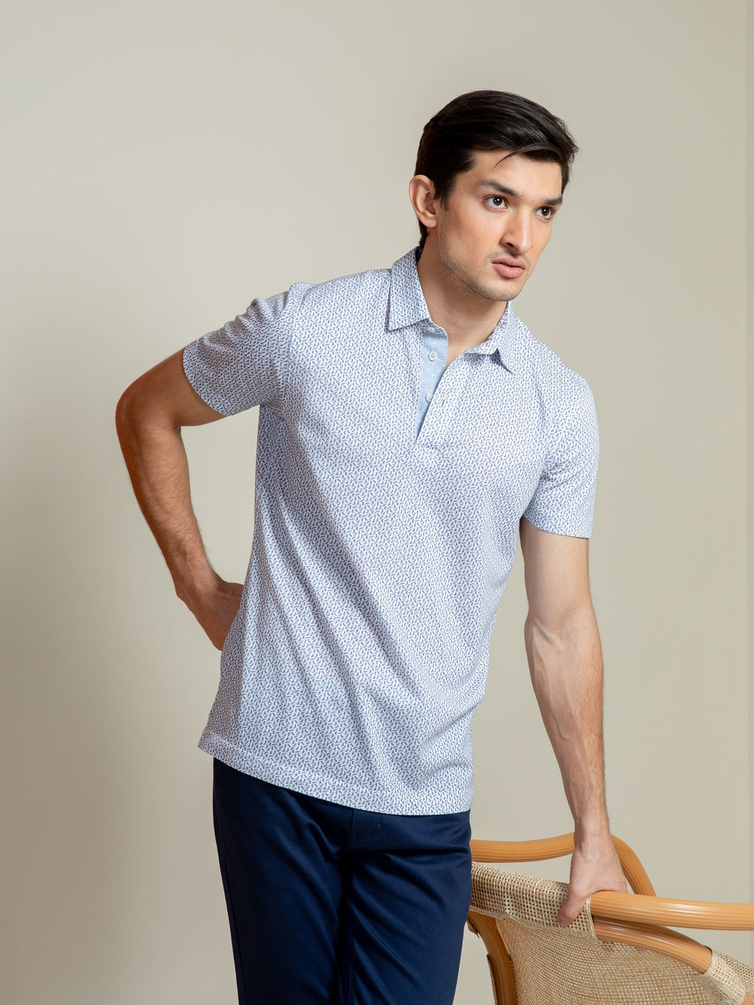 White & Blue Printed Mercerized Polo Shirt Brumano Pakistan