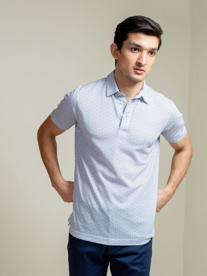 White & Blue Printed Mercerized Polo Shirt Brumano Pakistan