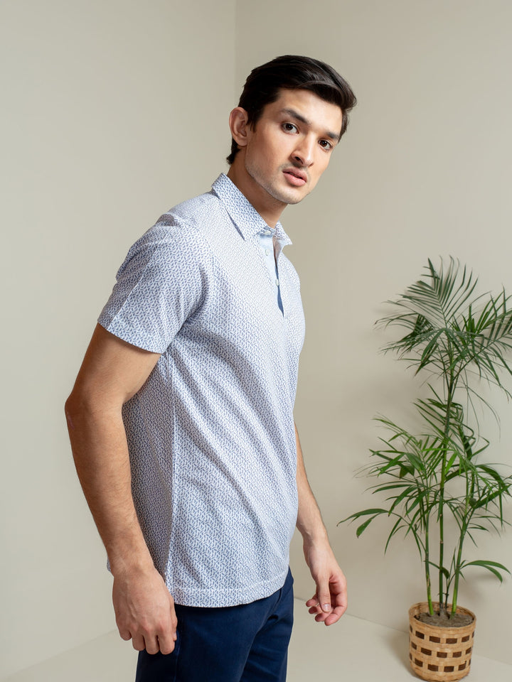 White & Blue Printed Mercerized Polo Shirt Brumano Pakistan