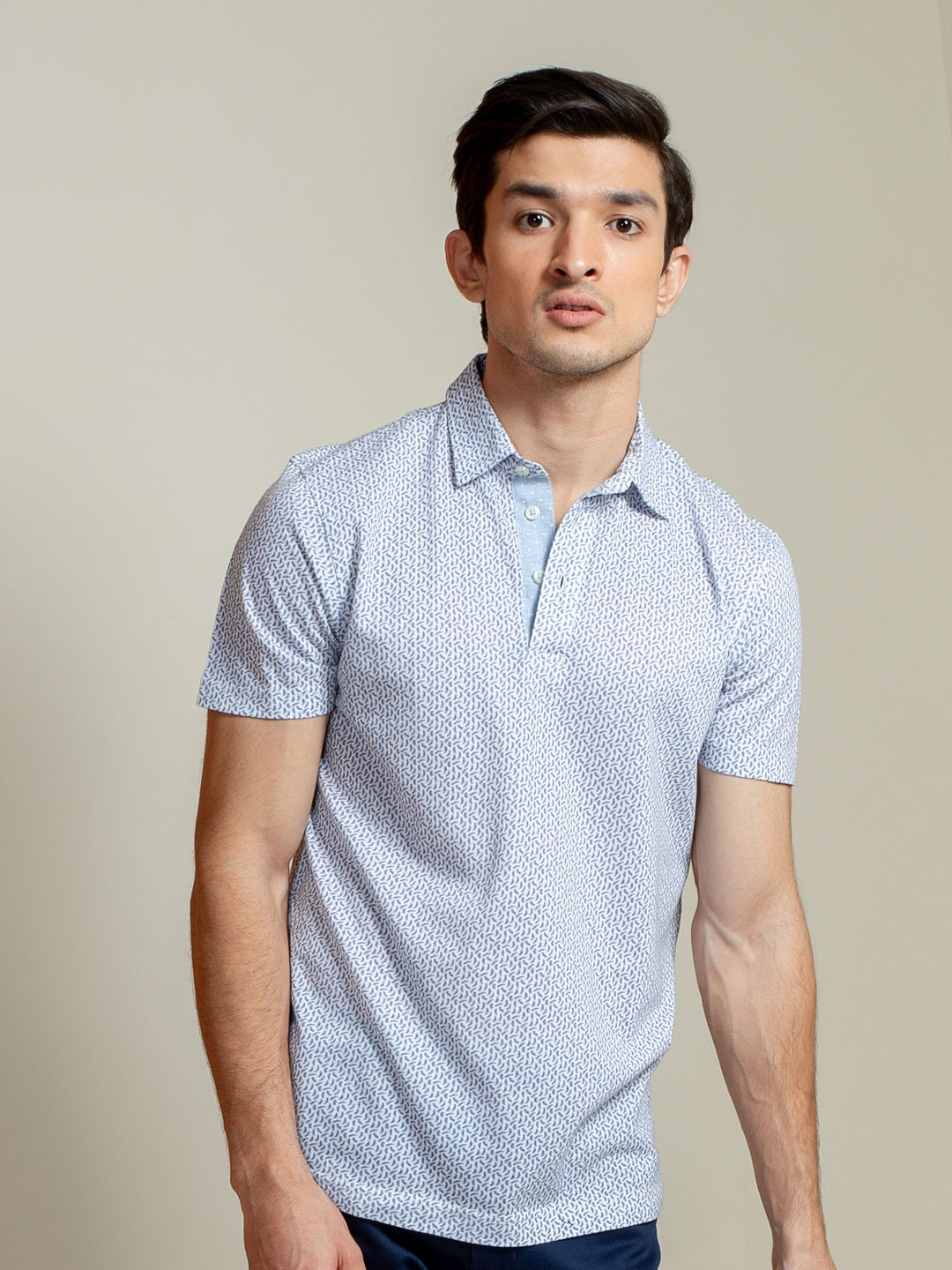 White & Blue Printed Mercerized Polo Shirt Brumano Pakistan