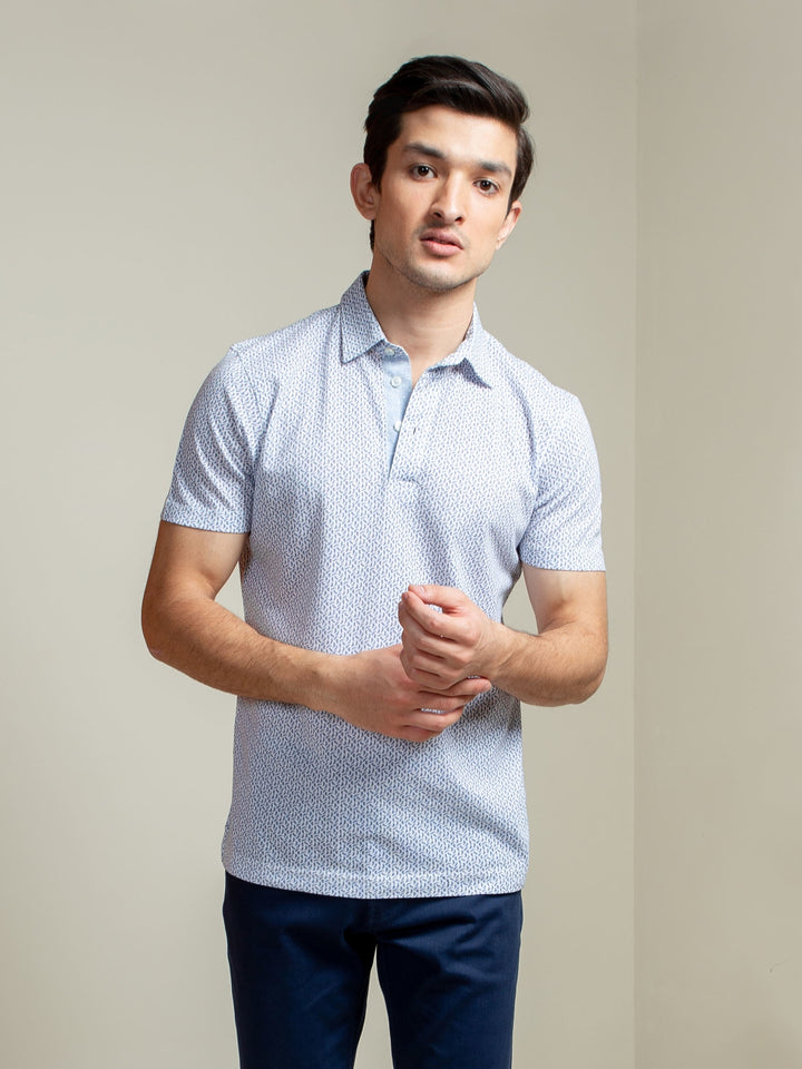 White & Blue Printed Mercerized Polo Shirt Brumano Pakistan