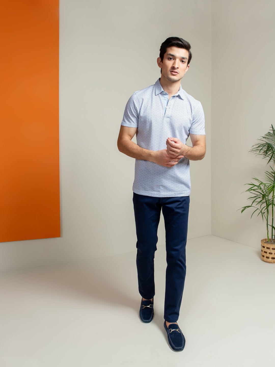 White & Blue Printed Mercerized Polo Shirt Brumano Pakistan