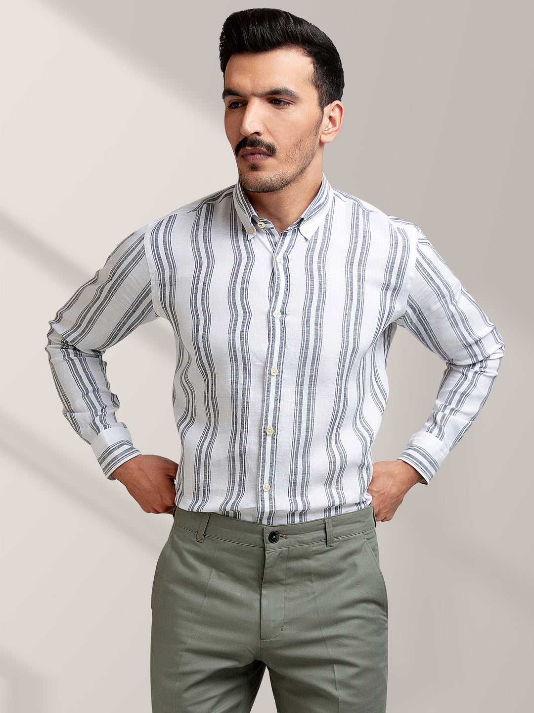White & Grey Striped 100% Linen Shirt Brumano Pakistan
