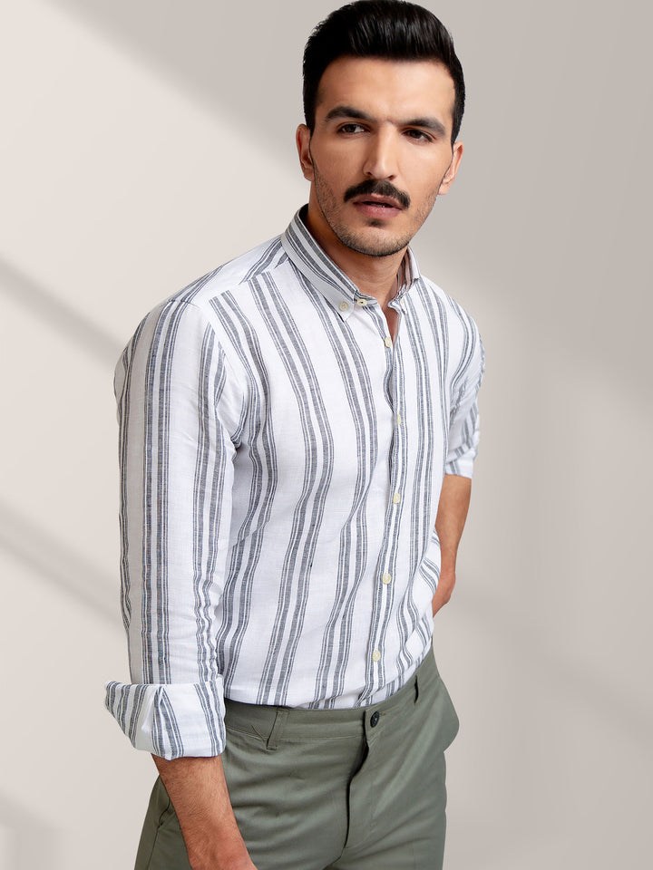 White & Grey Striped 100% Linen Shirt Brumano Pakistan