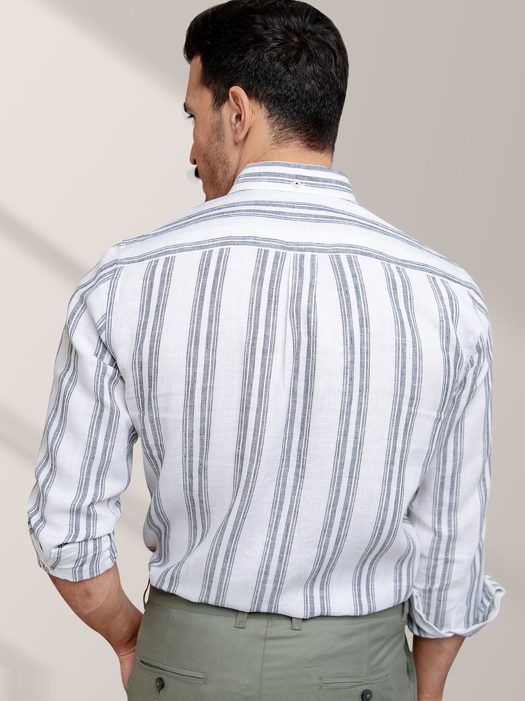 White & Grey Striped 100% Linen Shirt Brumano Pakistan