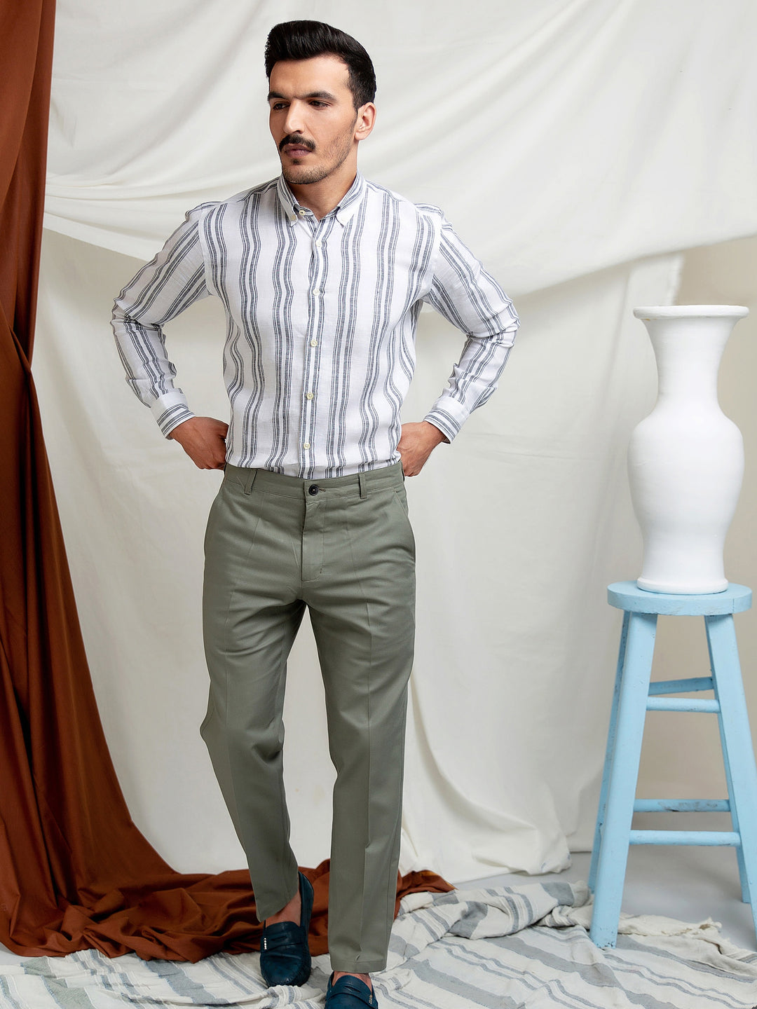 White & Grey Striped 100% Linen Shirt Brumano Pakistan