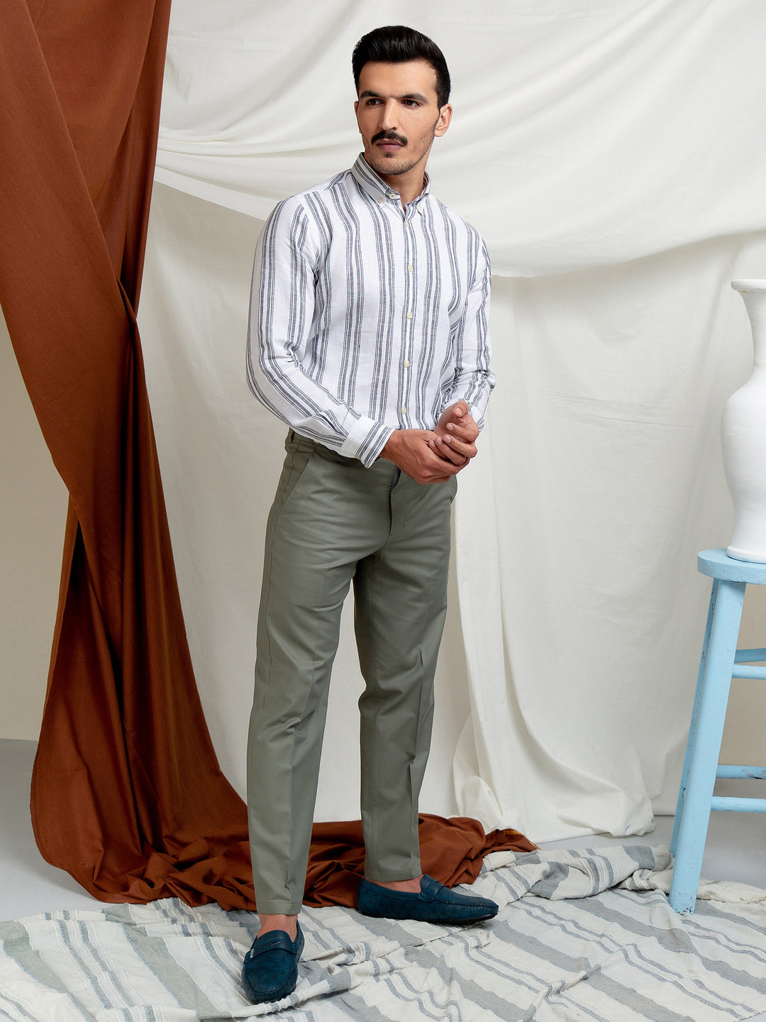 White & Grey Striped 100% Linen Shirt Brumano Pakistan