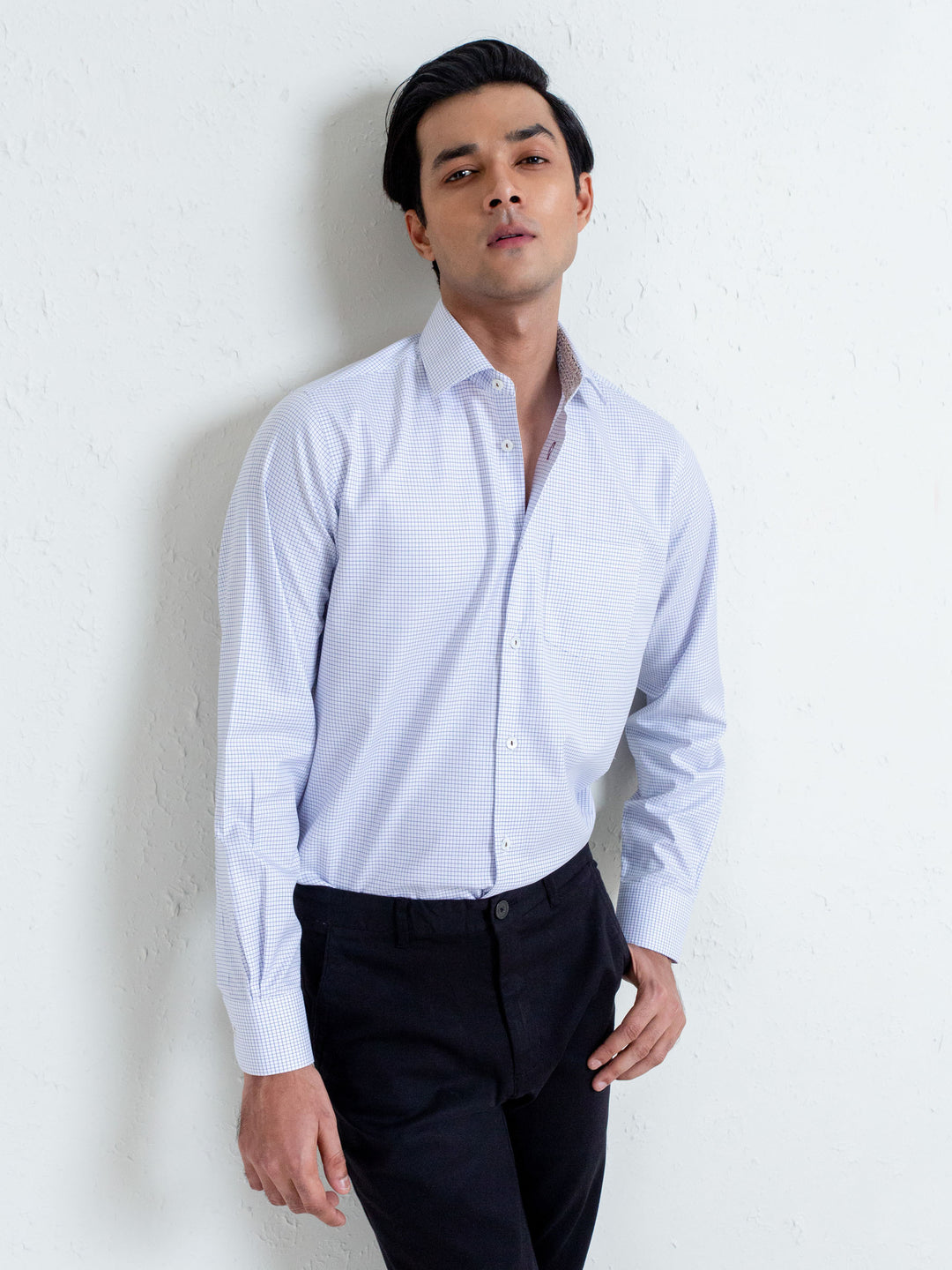 White Micro Windowpane Shirt With Detailing Brumano Pakistan