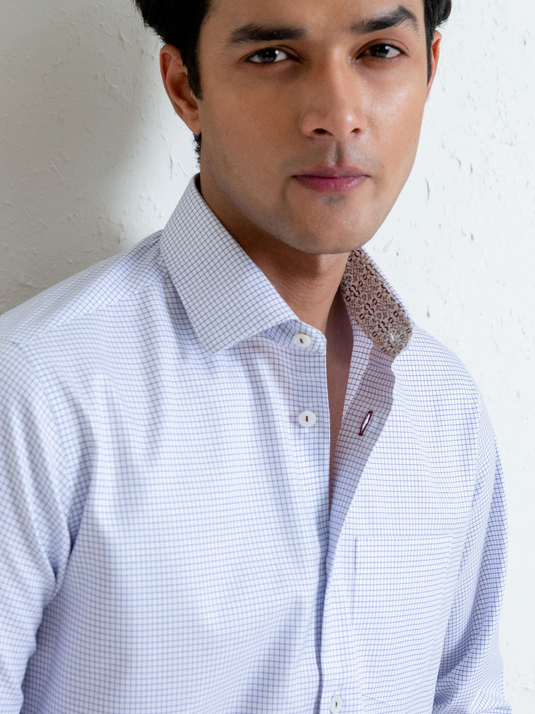White Micro Windowpane Shirt With Detailing Brumano Pakistan