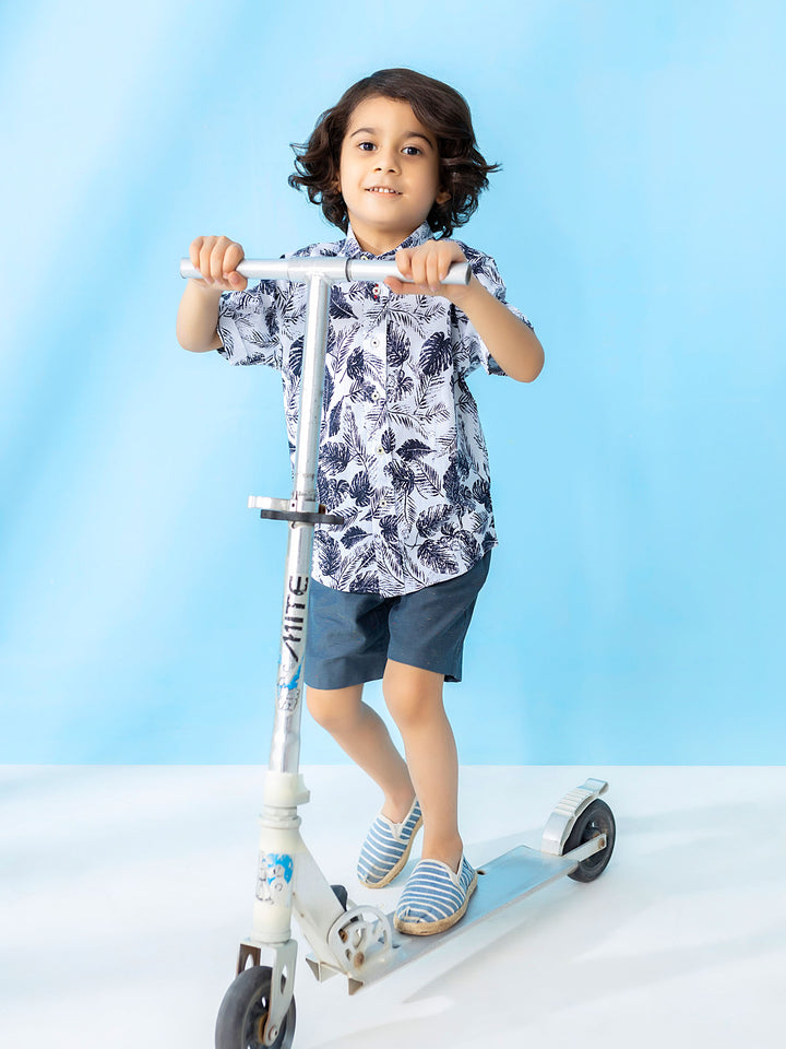 White & Navy Floral Printed Short Sleeve Casual Shirt Brumano Pakistan