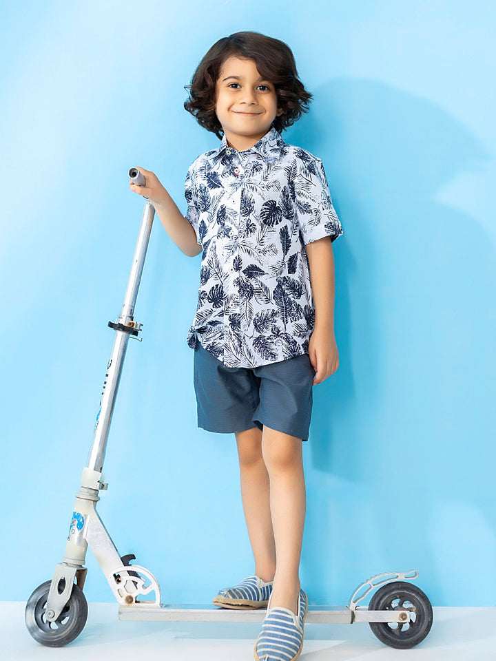 White & Navy Floral Printed Short Sleeve Casual Shirt Brumano Pakistan