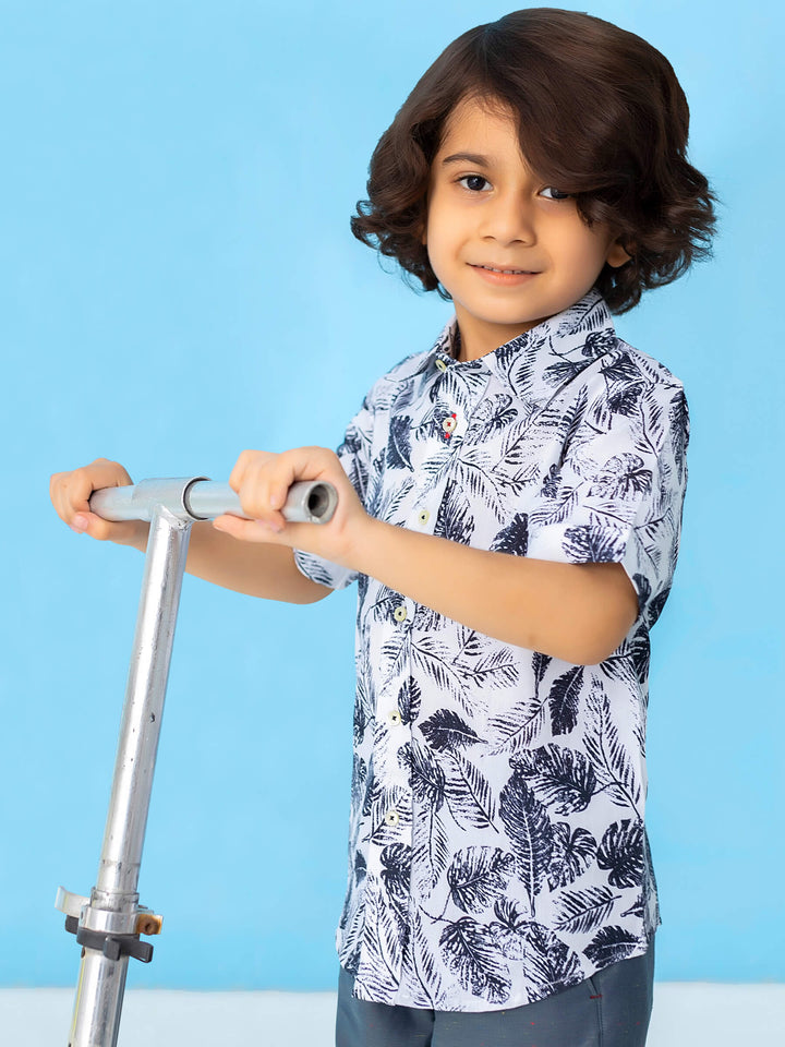 White & Navy Floral Printed Short Sleeve Casual Shirt Brumano Pakistan