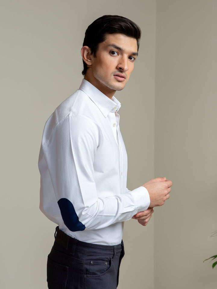 White Oxford Shirt With Navy Elbow Patch Brumano Pakistan