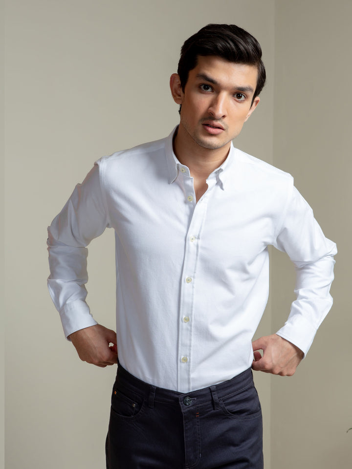 White Oxford Shirt With Navy Elbow Patch Brumano Pakistan