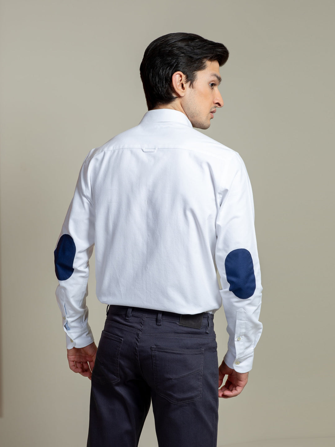 White Oxford Shirt With Navy Elbow Patch Brumano Pakistan