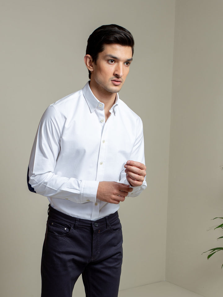 White Oxford Shirt With Navy Elbow Patch Brumano Pakistan