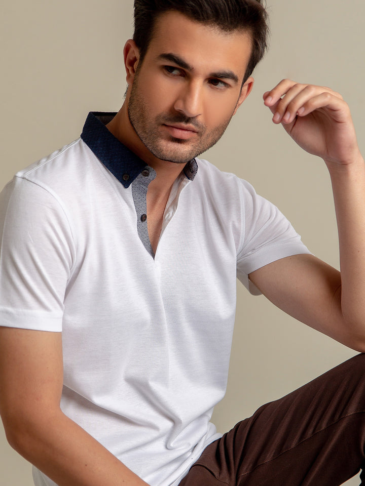 White Pique Polo With Navy Blue Collar Brumano Pakistan