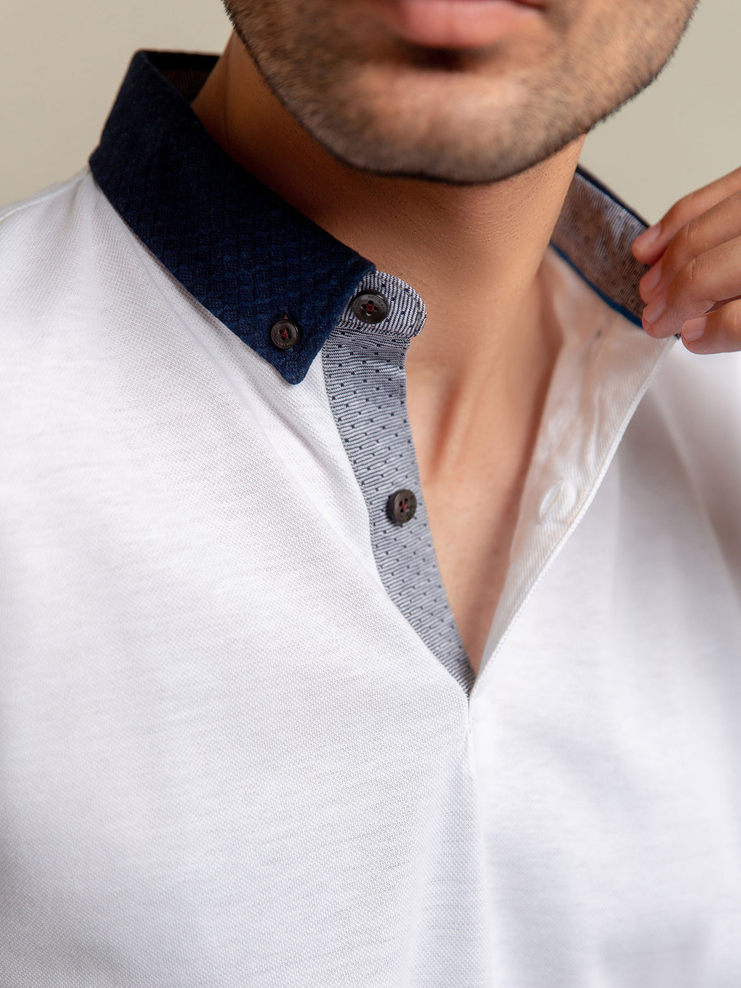 White Pique Polo With Navy Blue Collar Brumano Pakistan