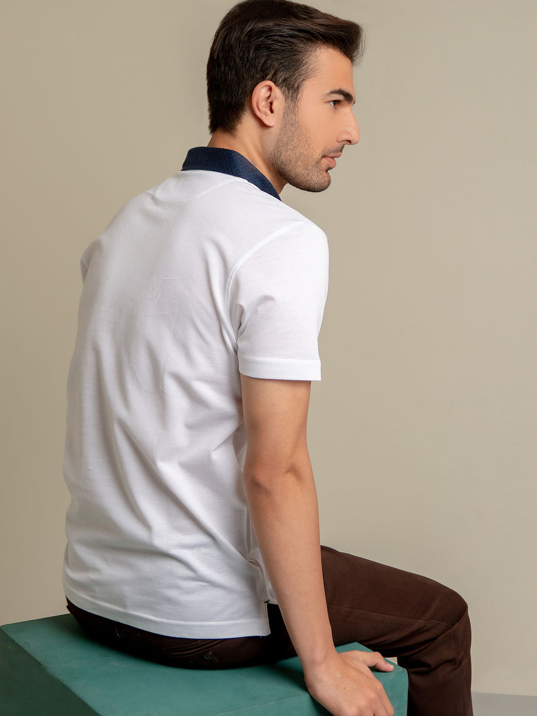 White Pique Polo With Navy Blue Collar Brumano Pakistan