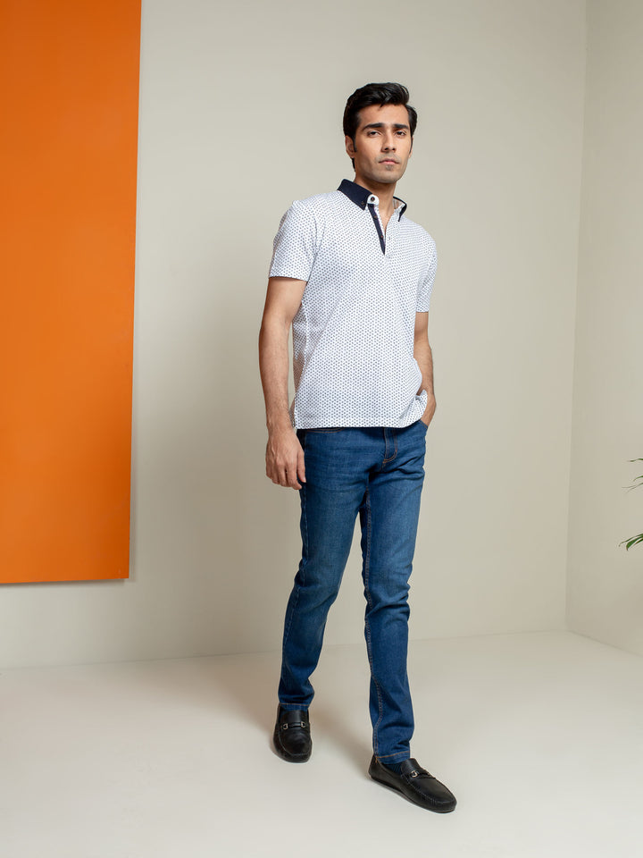 White Printed Polo Shirt With Contrasting Collar Brumano Pakistan