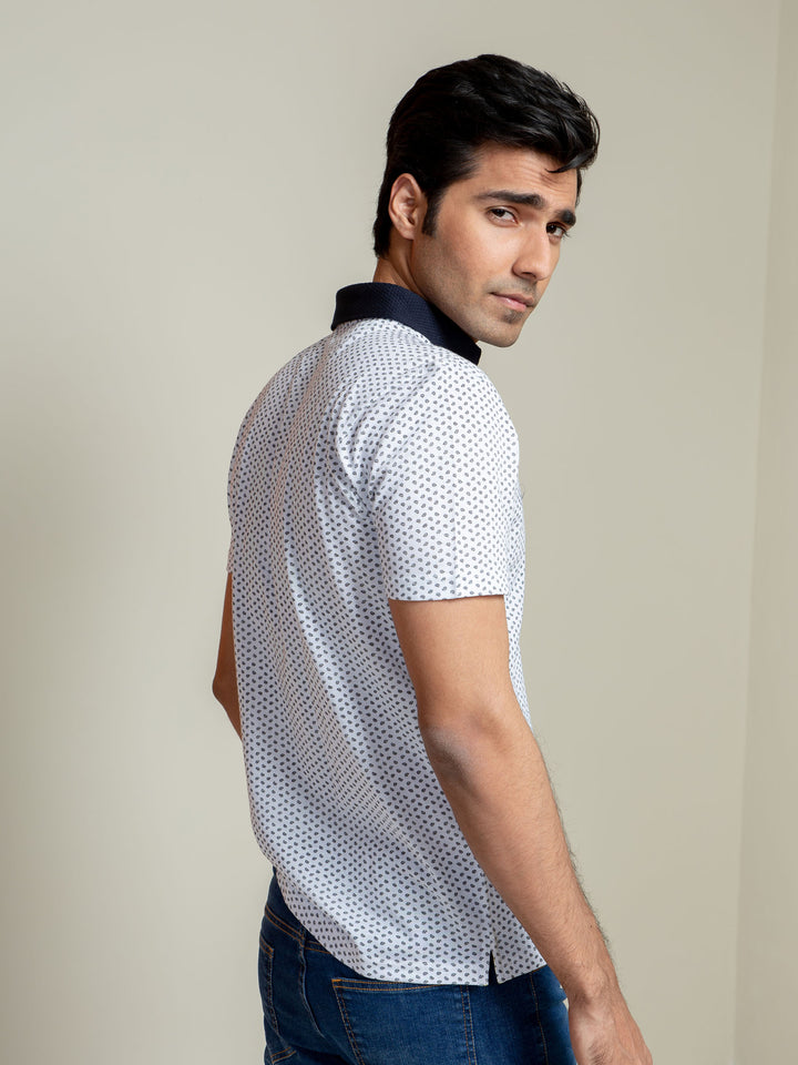 White Printed Polo Shirt With Contrasting Collar Brumano Pakistan