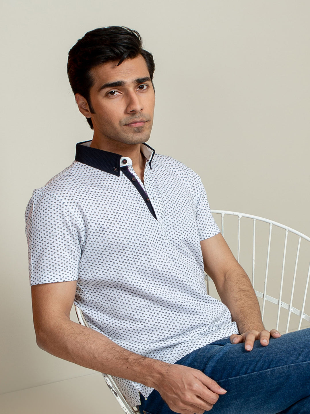 White Printed Polo Shirt With Contrasting Collar Brumano Pakistan