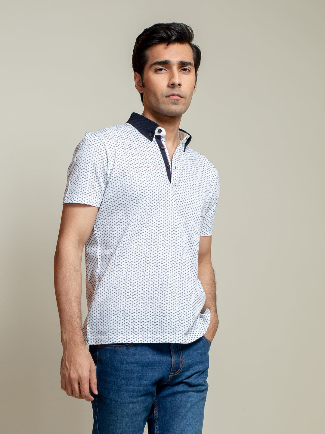 White Printed Polo Shirt With Contrasting Collar Brumano Pakistan