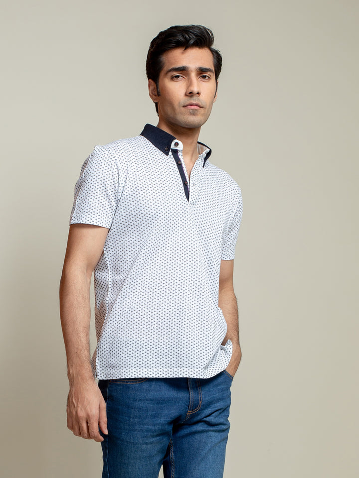White Printed Polo Shirt With Contrasting Collar Brumano Pakistan