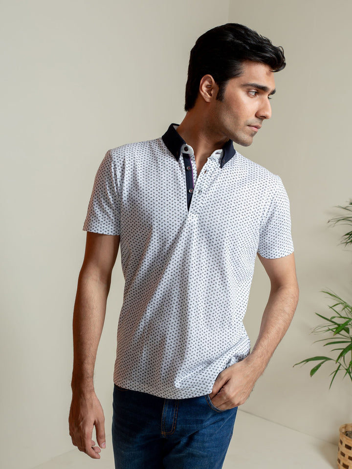 White Printed Polo Shirt With Contrasting Collar Brumano Pakistan