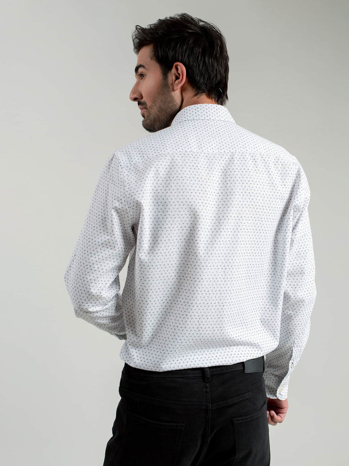 White Printed Shirt With Inside Button Collar