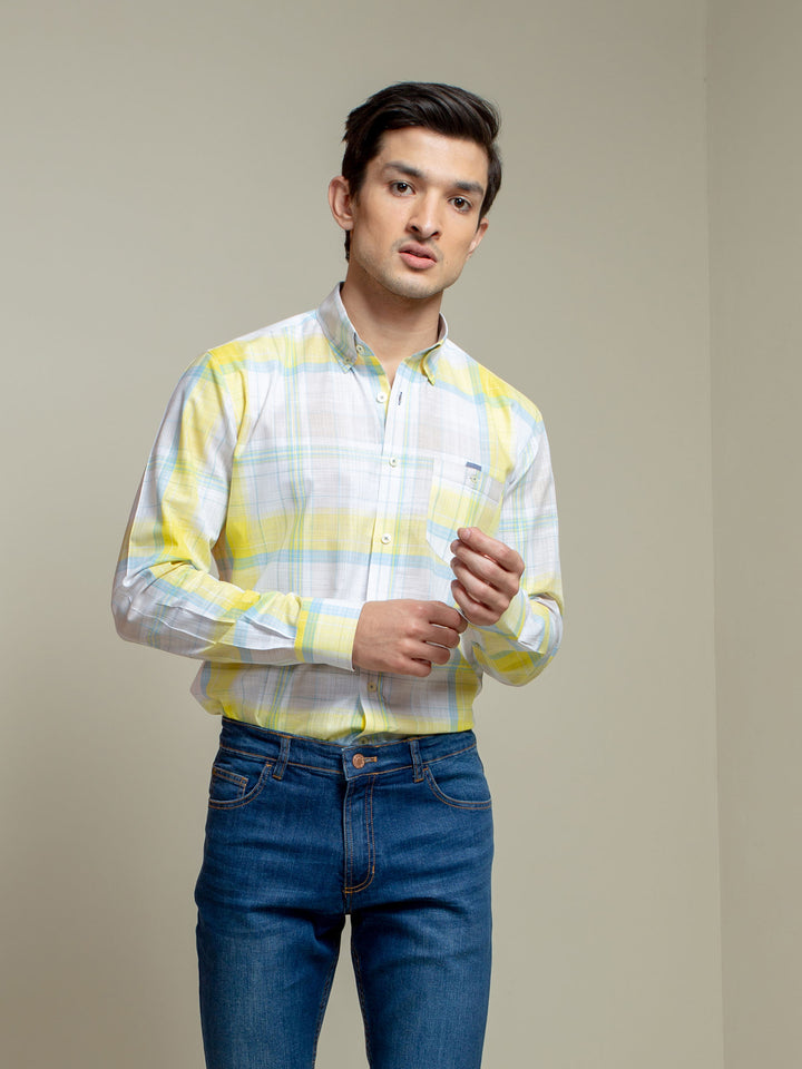 White & Yellow Light Weight Checkered Shirt Brumano Pakistan