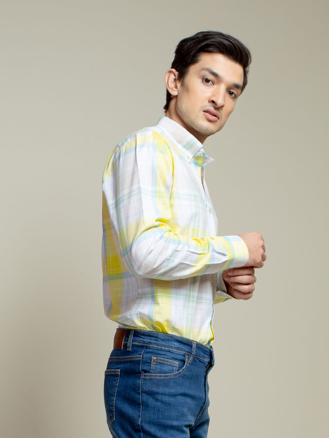 White & Yellow Light Weight Checkered Shirt Brumano Pakistan