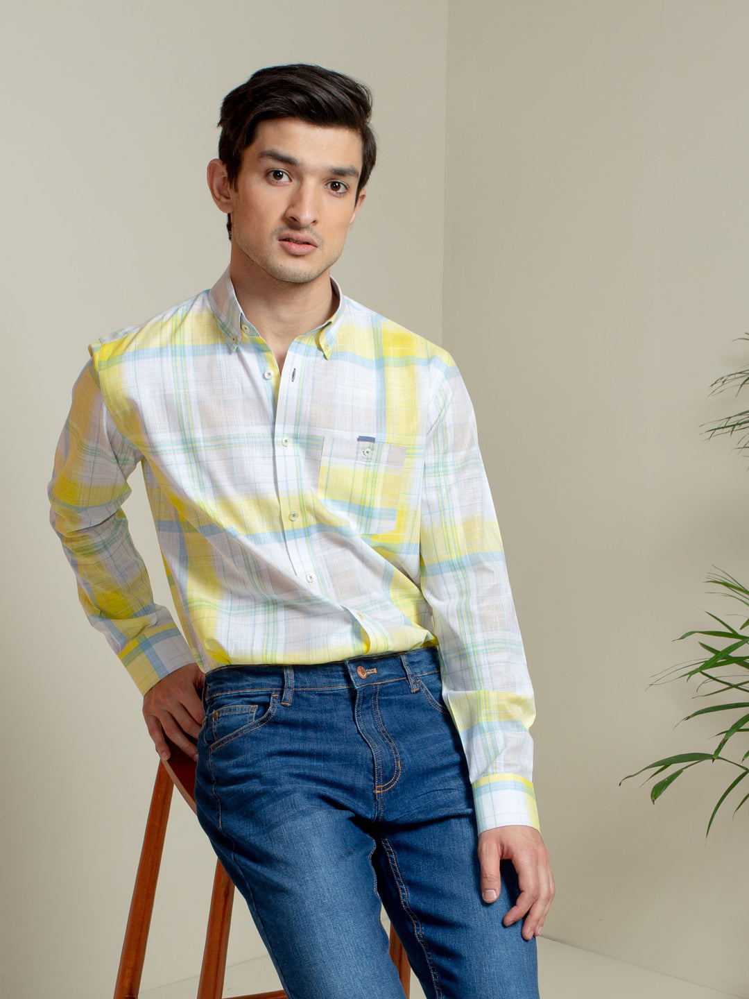 White & Yellow Light Weight Checkered Shirt Brumano Pakistan