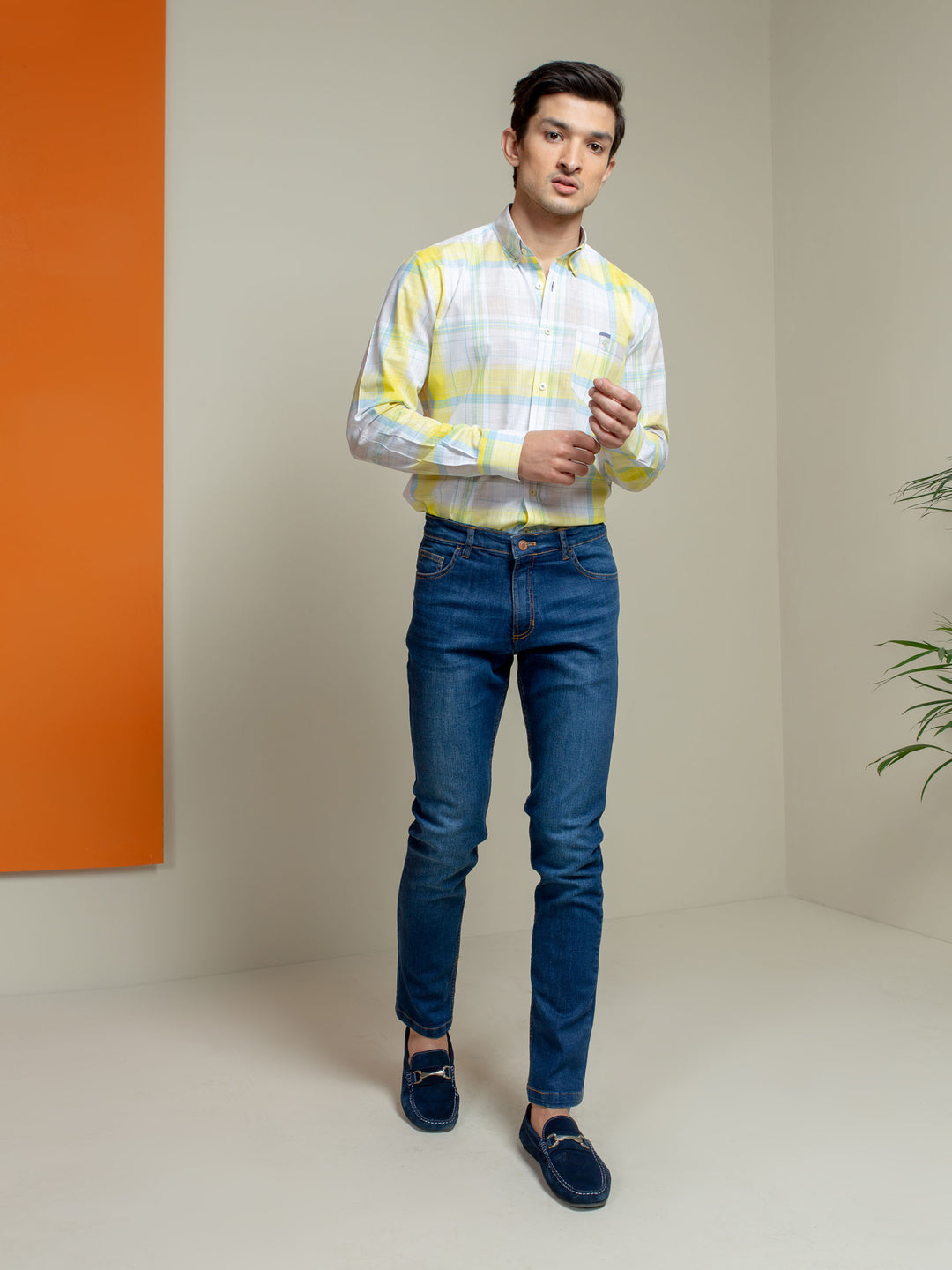 White & Yellow Light Weight Checkered Shirt Brumano Pakistan