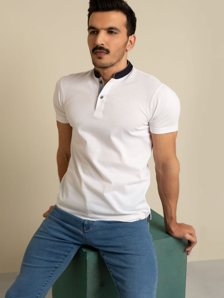 White Mao Collar Polo Shirt With Contrasting Collar Brumano Pakistan