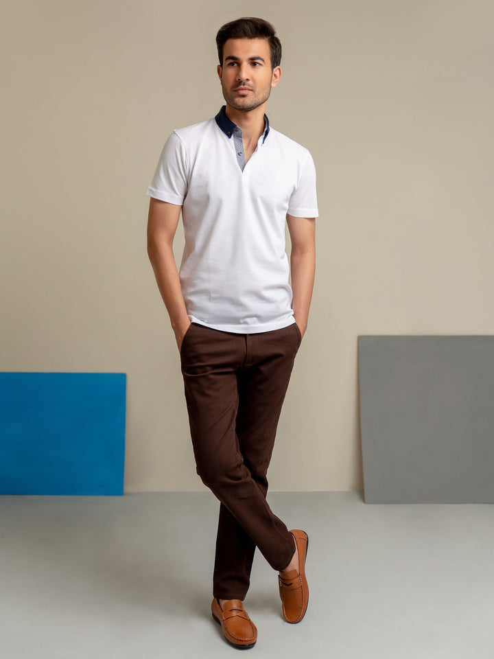 White Pique Polo With Navy Blue Collar Brumano Pakistan