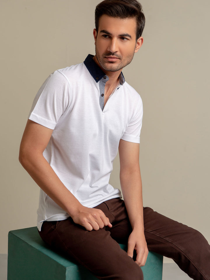 White Pique Polo With Navy Blue Collar Brumano Pakistan