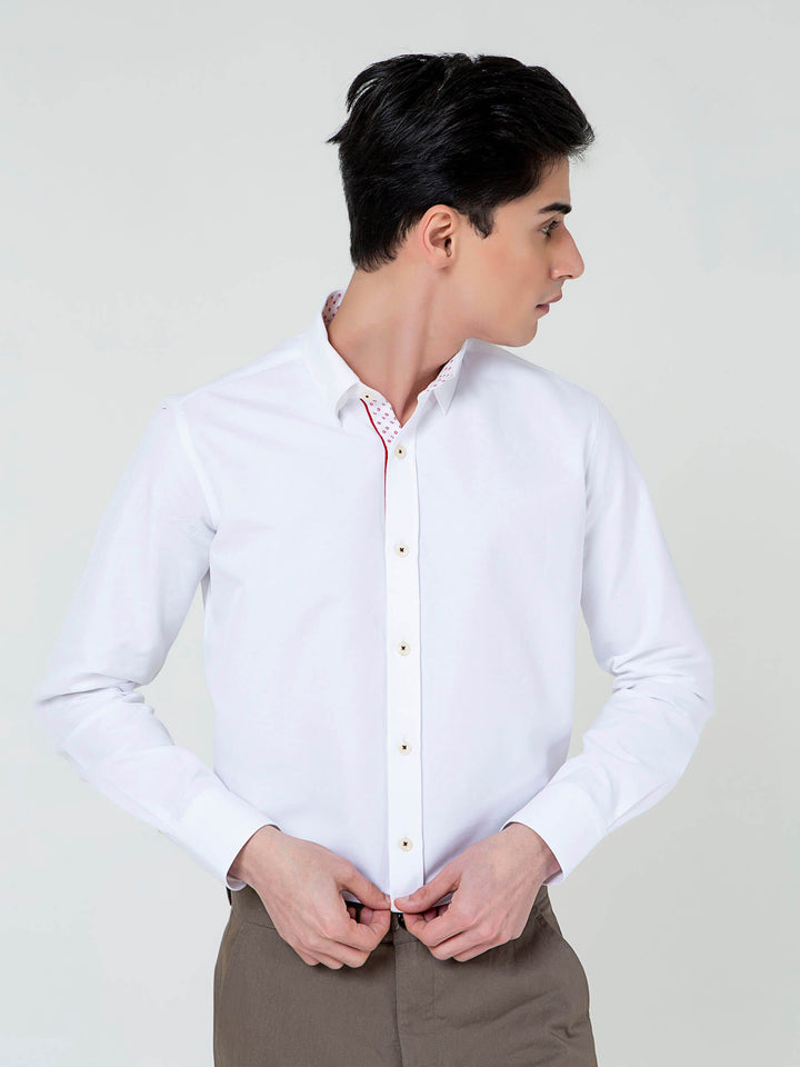 White Structured Shirt With Red Printed Detailing Brumano Pakistan