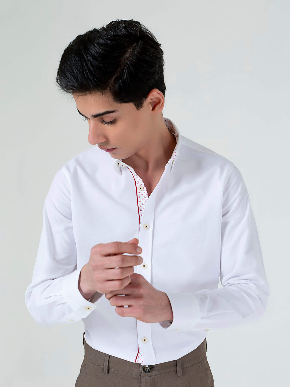 White Structured Shirt With Red Printed Detailing