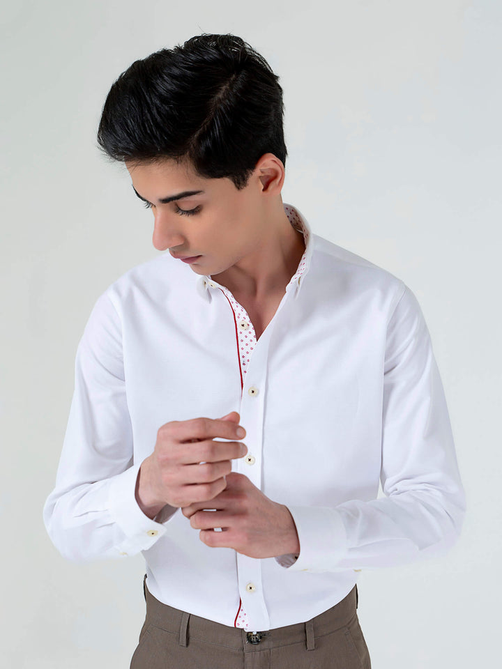White Structured Shirt With Red Printed Detailing Brumano Pakistan